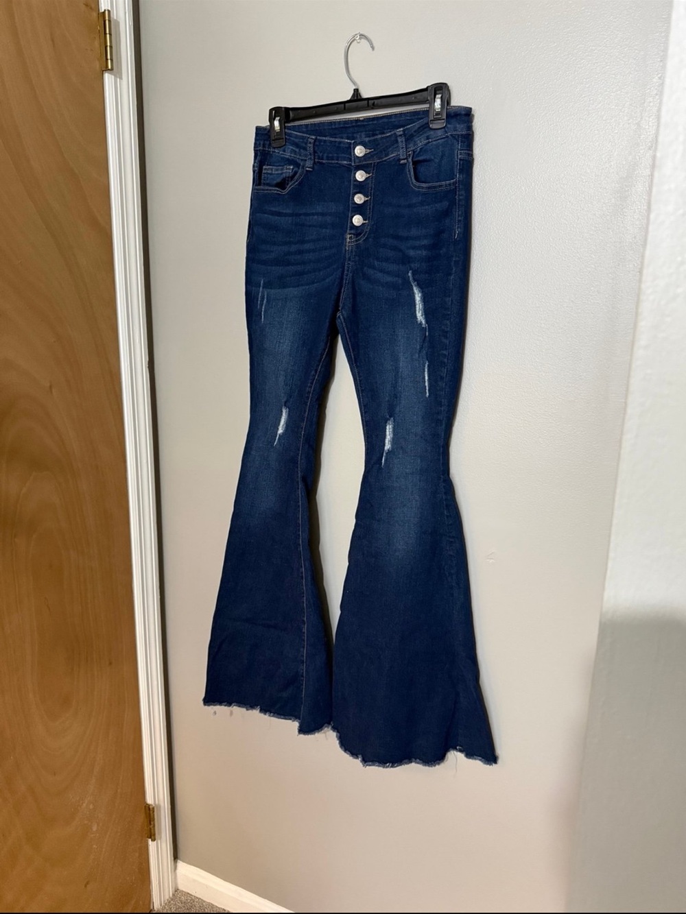 SHEIN Dark Blue High-Rise Flare Jeans with Button Fly